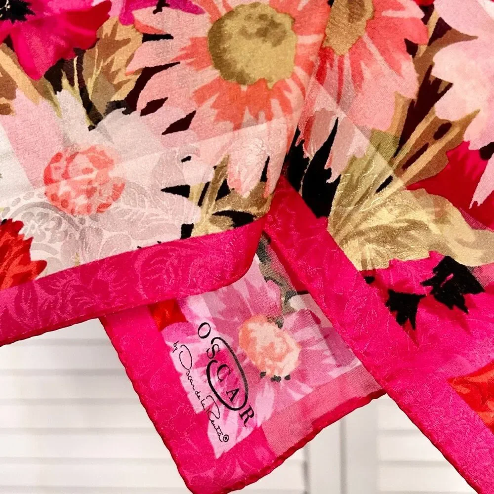 VTG Oscar by Oscar De La Renta 100% Silk Scarf Pink & Black Flowers 21” Square
